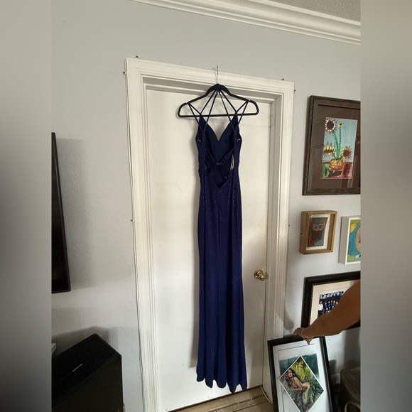 Elegant Navy Sparkle Cowl Neck Evening Dress - Picture 3 of 16